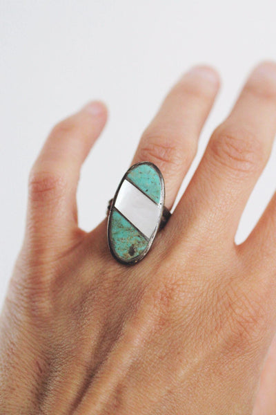 Vintage Native American Sterling Silver Ring Turquoise Mother Of Pearl MOP Inlay Size 5.5