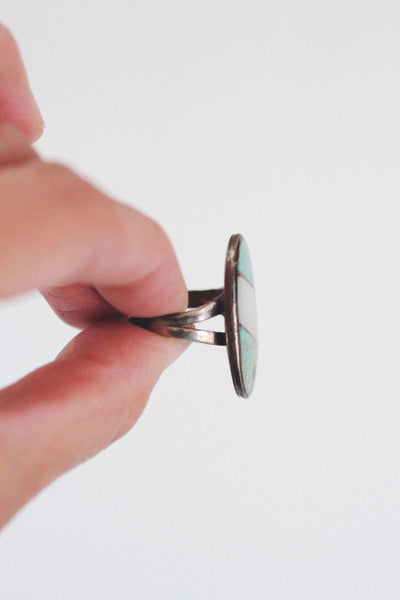 Vintage Native American Sterling Silver Ring Turquoise Mother Of Pearl MOP Inlay Size 5.5