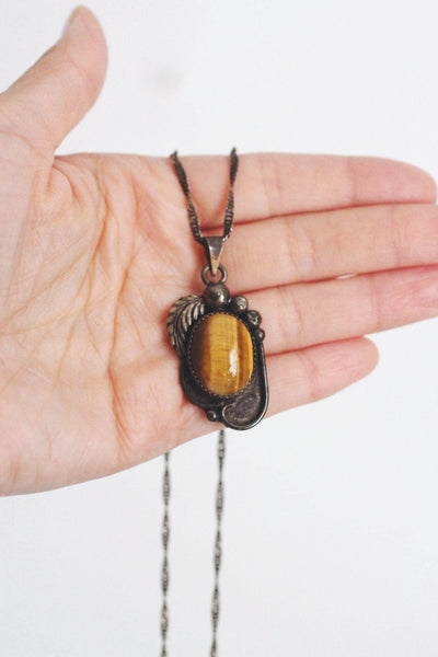 Vintage Sterling Silver Tigers Eye Pendant Necklace Southwestern Navajo Hand Stamped