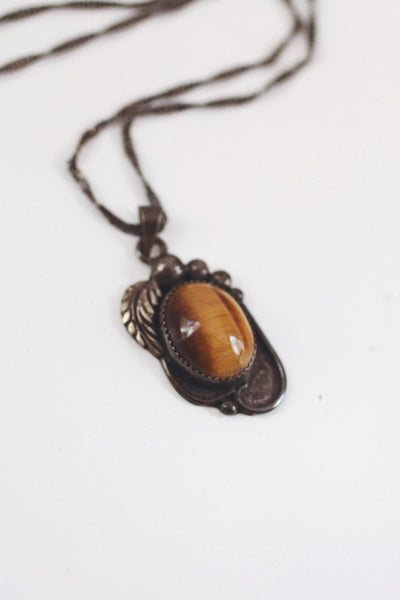 Vintage Sterling Silver Tigers Eye Pendant Necklace Southwestern Navajo Hand Stamped