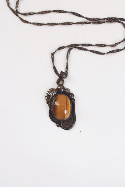 Vintage Sterling Silver Tigers Eye Pendant Necklace Southwestern Navajo Hand Stamped