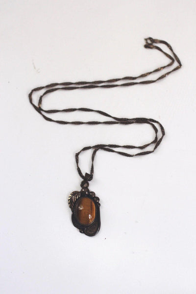 Vintage Sterling Silver Tigers Eye Pendant Necklace Southwestern Navajo Hand Stamped