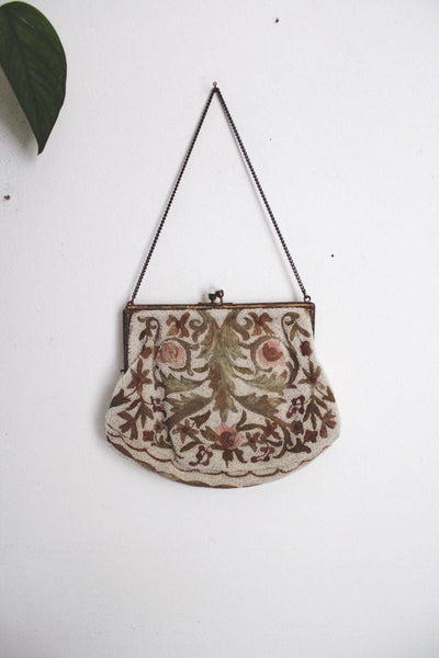 Vintage Floral Beaded Handbag With Chain Strap & Satin Lining