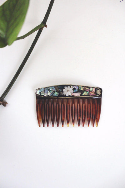 Vintage French Faux Tortoiseshell Side Hair Combs Abalone Mother-Of-Pearl Inlay Mosaic