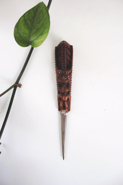 Vintage Hawaiian Tiki Letter Opener Hapa Wood Stainless Steel Mid Century Souvenir