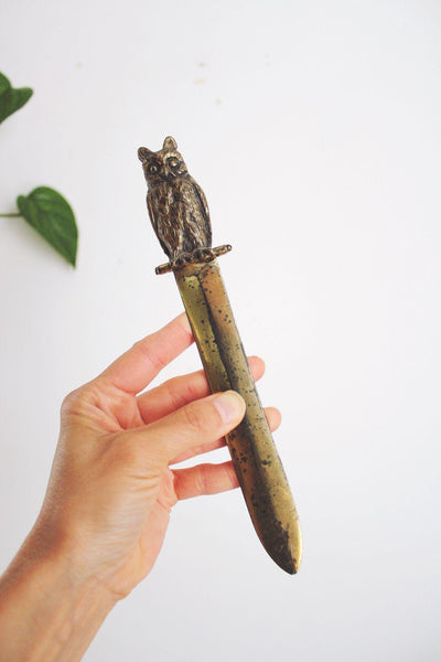 Vintage Solid Brass Owl Letter Opener 8" Decorative Desk Accessory With Patina Finish
