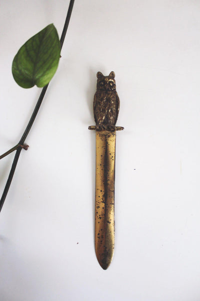 Vintage Solid Brass Owl Letter Opener 8" Decorative Desk Accessory With Patina Finish
