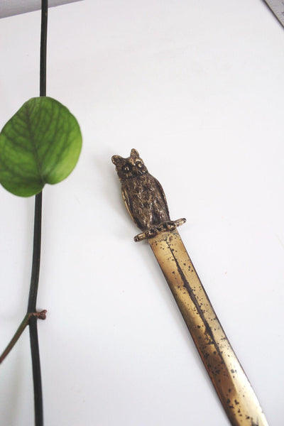 Vintage Solid Brass Owl Letter Opener 8" Decorative Desk Accessory With Patina Finish