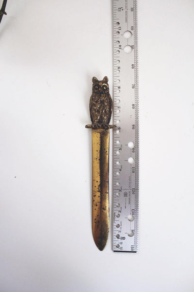 Vintage Solid Brass Owl Letter Opener 8" Decorative Desk Accessory With Patina Finish