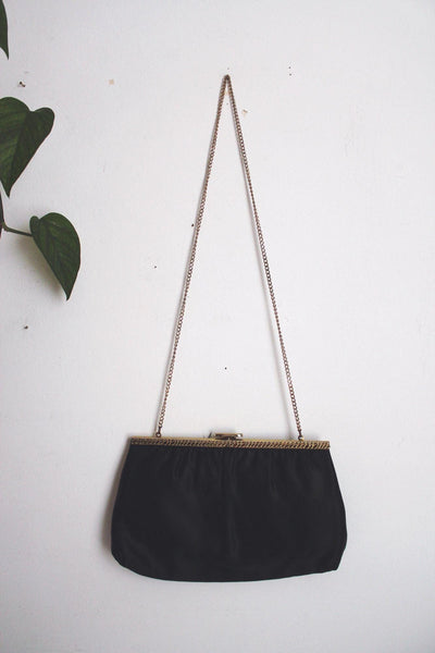 Vintage Black Satin Evening Bag Clutch Purse Cocktail Gold Chain Strap Mardane USA