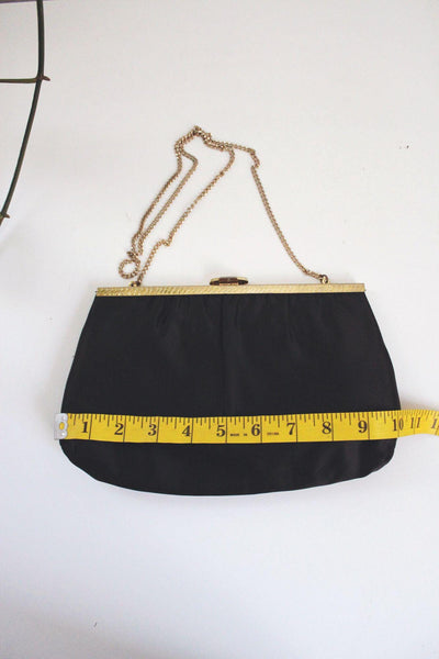 Vintage Black Satin Evening Bag Clutch Purse Cocktail Gold Chain Strap Mardane USA