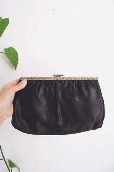 Vintage Black Satin Evening Bag Clutch Purse Cocktail Gold Chain Strap Mardane USA