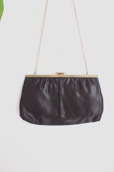 Vintage Black Satin Evening Bag Clutch Purse Cocktail Gold Chain Strap Mardane USA