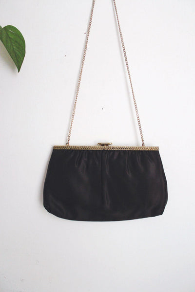 Vintage Black Satin Evening Bag Clutch Purse Cocktail Gold Chain Strap Mardane USA