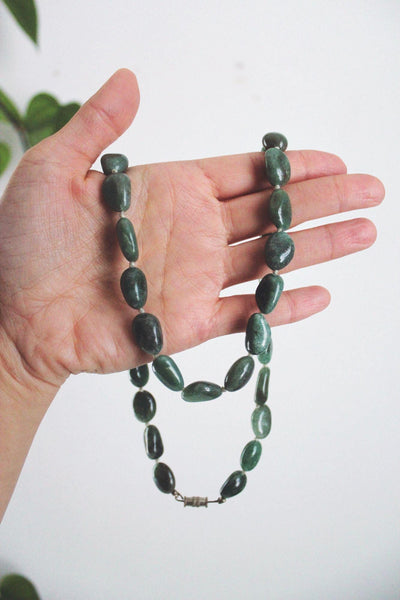 Vintage Green Aventurine Stone Beaded Necklace Nugget Hand Knotted Long Barrel Clasp