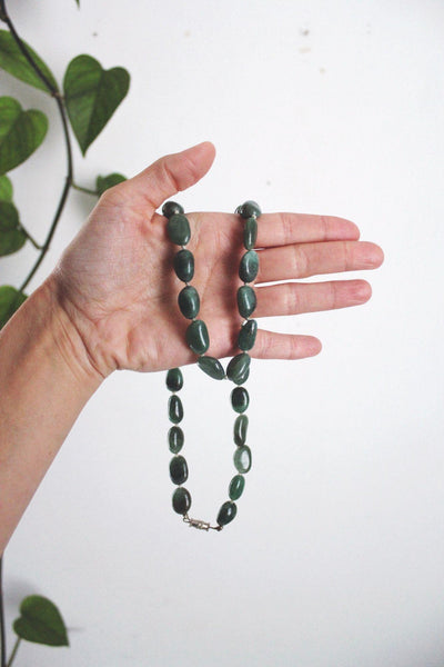 Vintage Green Aventurine Stone Beaded Necklace Nugget Hand Knotted Long Barrel Clasp