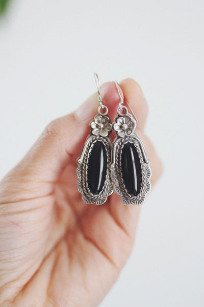 Vintage Southwestern Sterling Silver Black Onyx Dangle Earrings Floral 925