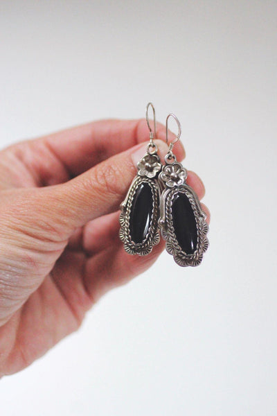 Vintage Southwestern Sterling Silver Black Onyx Dangle Earrings Floral 925