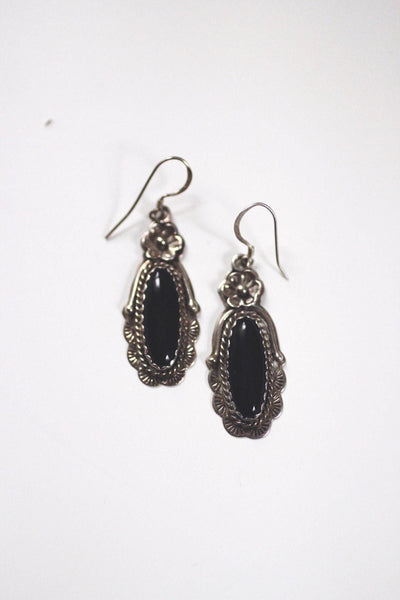Vintage Southwestern Sterling Silver Black Onyx Dangle Earrings Floral 925