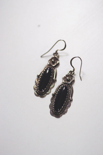 Vintage Southwestern Sterling Silver Black Onyx Dangle Earrings Floral 925