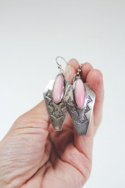 Vintage Southwestern Sterling Silver Dangle Earrings Rhodonite Pink Stone Hand-Stamped