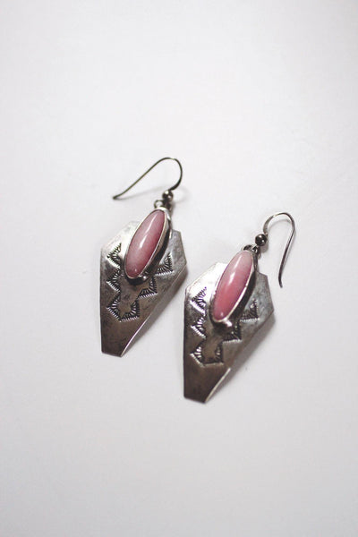 Vintage Southwestern Sterling Silver Dangle Earrings Rhodonite Pink Stone Hand-Stamped