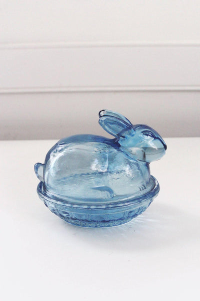 Vintage Blue Glass Bunny on Nest Candy Dish Rabbit Trinket Box Holder Pressed