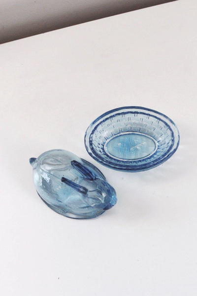 Vintage Blue Glass Bunny on Nest Candy Dish Rabbit Trinket Box Holder Pressed