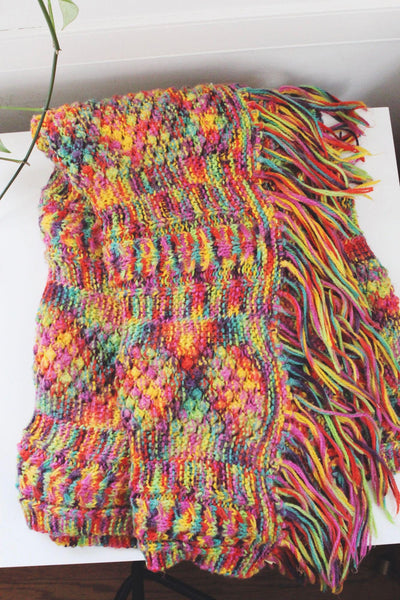 Vintage Hand Knit Crochet Rainbow Throw Blanket Fringe Boho Handcrafted Retro