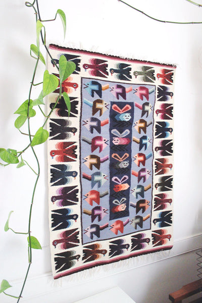 Vintage Handwoven Wool Tapestry Rug Folk Art Birds Geometric Wall Hanging Southwestern