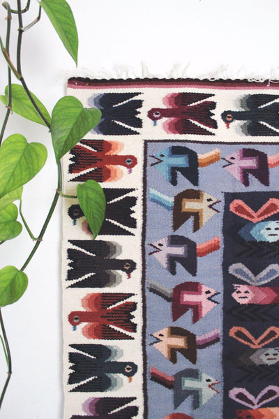 Vintage Handwoven Wool Tapestry Rug Folk Art Birds Geometric Wall Hanging Southwestern