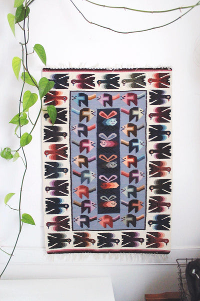 Vintage Handwoven Wool Tapestry Rug Folk Art Birds Geometric Wall Hanging Southwestern