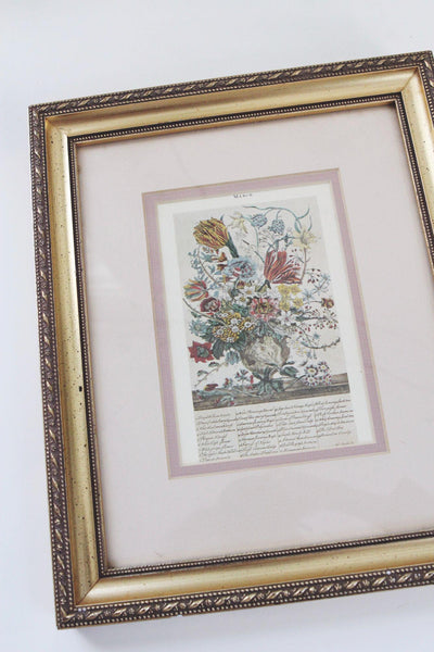 Vintage Framed Botanical Print March Twelve Months of Flowers Wall Art Cottagecore