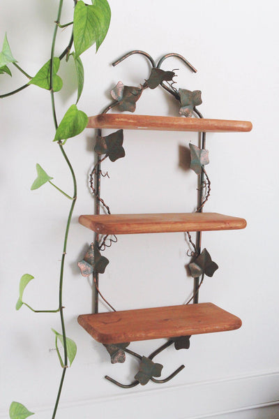 Vintage Metal & Wood Ivy Wall Display Shelf 3 Tier Cottagecore Farmhouse Rustic Home Decor