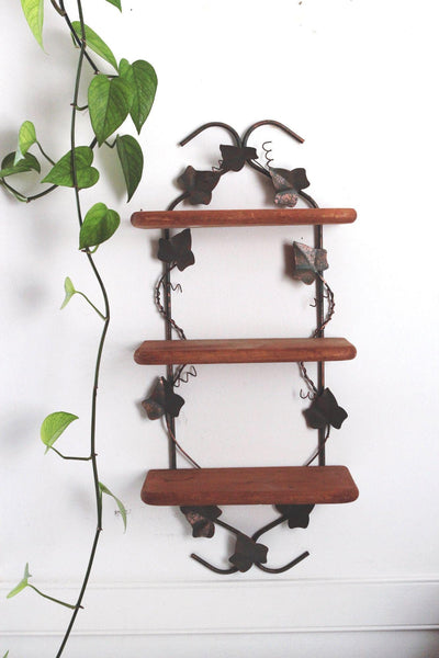 Vintage Metal & Wood Ivy Wall Display Shelf 3 Tier Cottagecore Farmhouse Rustic Home Decor