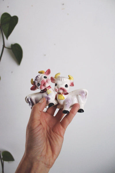 Vintage Ceramic Anthropomorphic Elsie Purple Cow Salt Pepper Shakers Japan MCM Mid Century
