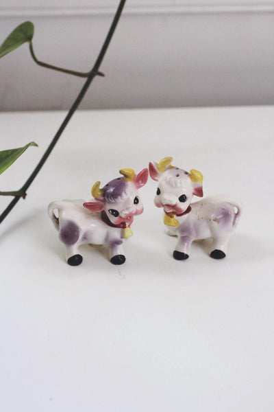 Vintage Ceramic Anthropomorphic Elsie Purple Cow Salt Pepper Shakers Japan MCM Mid Century