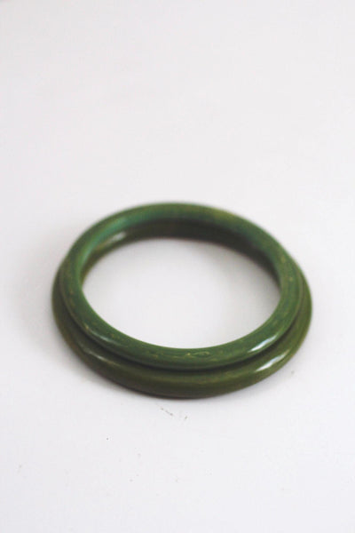 Vintage Green Yellow Marbled Bakelite Bangle Bracelet Set Creamed Spinach Green Apple