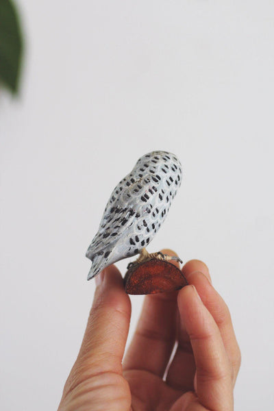 Vintage Wooden Hand Carved Painted Snowy Owl Figurine Sculpture Miniature Trinket