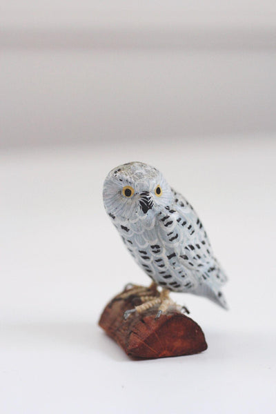 Vintage Wooden Hand Carved Painted Snowy Owl Figurine Sculpture Miniature Trinket