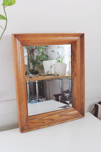 Vintage Beveled Wood Framed Wall Mirror Solid Oak Rectangle Mid Century Farmhouse Rustic