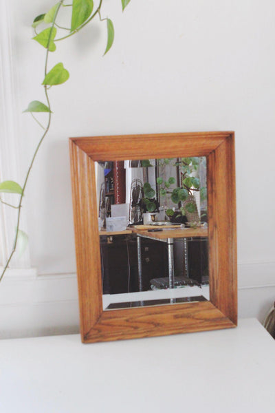 Vintage Beveled Wood Framed Wall Mirror Solid Oak Rectangle Mid Century Farmhouse Rustic
