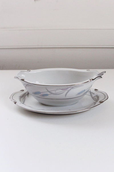 Vintage Valmont China Royal Wheat Gravy Boat Plate Spoon Porcelain Serving Set Platinum