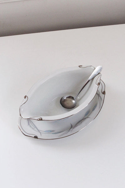 Vintage Valmont China Royal Wheat Gravy Boat Plate Spoon Porcelain Serving Set Platinum