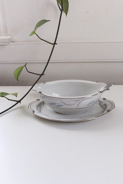 Vintage Valmont China Royal Wheat Gravy Boat Plate Spoon Porcelain Serving Set Platinum