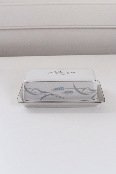 Vintage Valmont China Royal Wheat Covered Butter Dish Porcelain Floral Japan Platinum