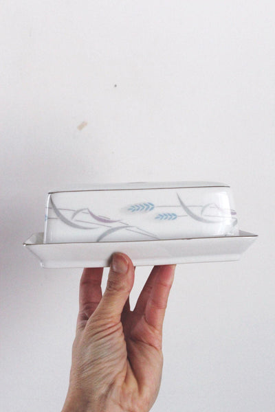 Vintage Valmont China Royal Wheat Covered Butter Dish Porcelain Floral Japan Platinum