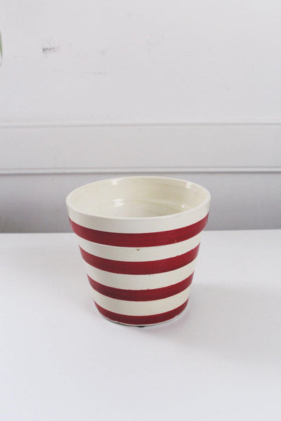 Vintage Red White Striped Ceramic Planter Pot Hand Painted Classic Retro