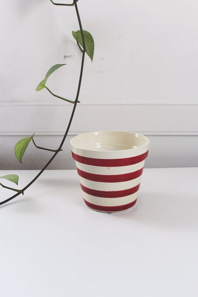 Vintage Red White Striped Ceramic Planter Pot Hand Painted Classic Retro