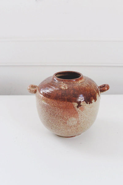 Vintage Studio Pottery Jar Handled Glazed Ceramic Vase Rustic Brown Speckled Handcrafted